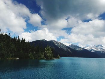 Scenic view of lake and mountains against sky
