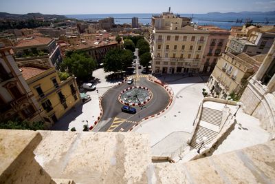 High angle view of buildings in city