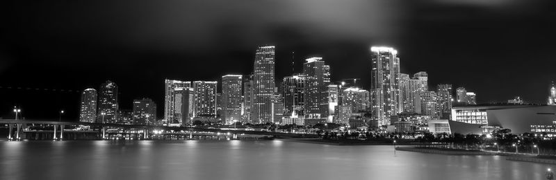 Panoramic shot of illuminated cityscape by river against sky at night