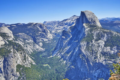 Scenic view of snowcapped mountains against clear blue sky