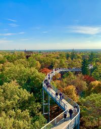 High angle view of bridge against sky during autumn