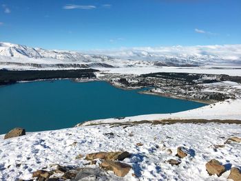 Scenic view of lake by snowcapped mountains against sky