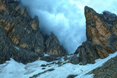 Rock formations on snow covered mountain