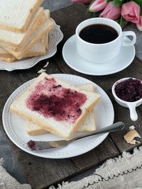 High angle view of breakfast served on table