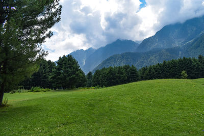 Scenic view of landscape and mountains against sky