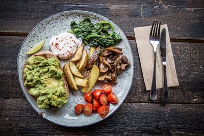 High angle view of food served in plate