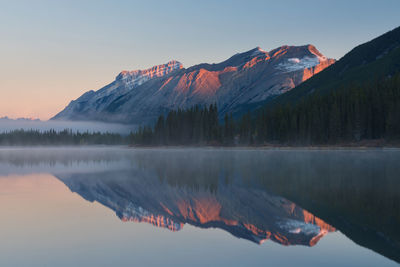 Scenic view of lake and mountains against sky during sunset