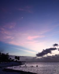 Silhouette people in beach against cloudy sky during sunset