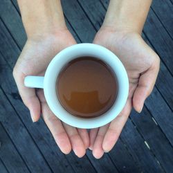 Cropped hand of woman holding tea cup over hardwood floor