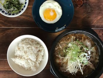High angle view of breakfast served on table