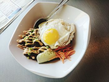 High angle view of food in plate on table