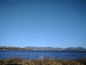 Scenic view of sea against clear blue sky