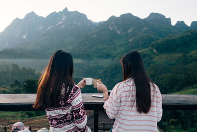 Rear view of friends toasting drinks while sitting on mountain