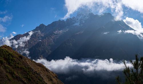 Scenic view of snowcapped mountains against sky