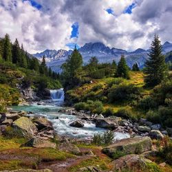 Scenic view of river stream amidst trees against sky