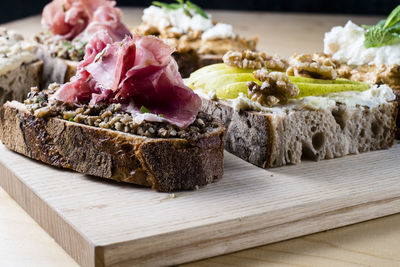 Close-up of food served on table