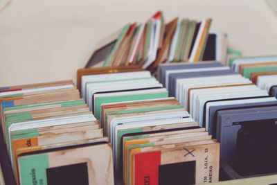 High angle view of floppy disks in container