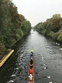 High angle view of people rowing scull on river against trees