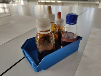 High angle view of drinking glasses on table