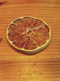 High angle view of fruit on wooden table