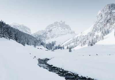 Scenic view of snowy landscape against clear sky