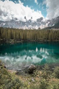 Scenic view of lake by trees against sky