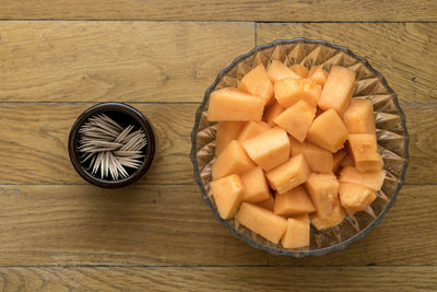 High angle view of fruits in bowl on table