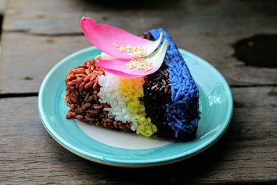 High angle view of cake in plate on table