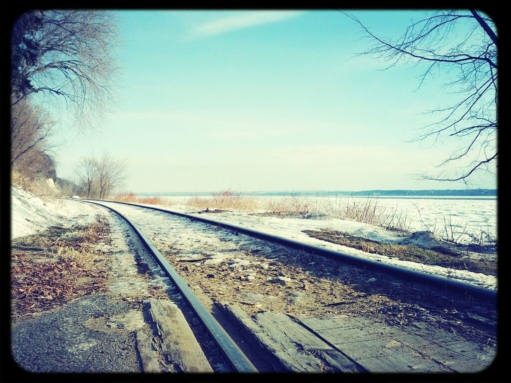 the way forward, snow, transportation, diminishing perspective, road, transfer print, winter, cold temperature, tranquil scene, vanishing point, tranquility, bare tree, sky, tree, auto post production filter, nature, landscape, scenics, beauty in nature, clear sky