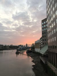 Reflection of buildings in water at sunset