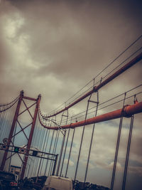 Low angle view of suspension bridge against cloudy sky