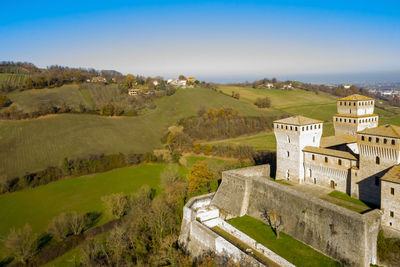 High angle view of fort against sky