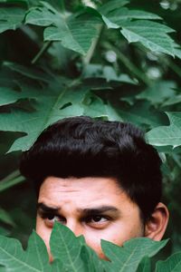 Close-up portrait of young man with leaves