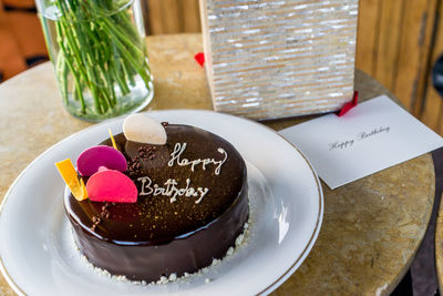 Close-up of dessert served on table