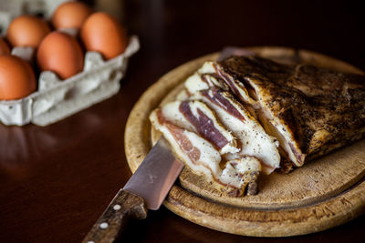 Close-up of bread in plate on table