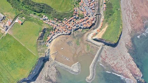 Staithes harbour from above, birds eye view