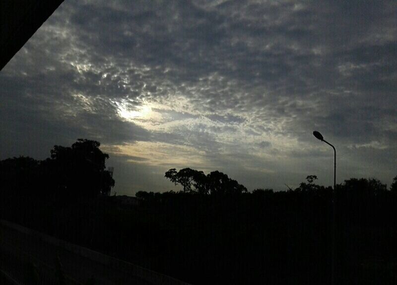 sky, silhouette, cloud - sky, cloudy, low angle view, street light, tree, dusk, tranquility, cloud, sunset, tranquil scene, nature, beauty in nature, scenics, overcast, weather, lighting equipment, dark, outdoors