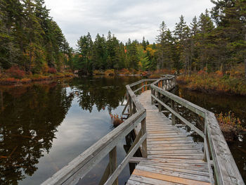 Footbridge over lake in forest against sky