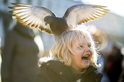 Close-up of pigeon landing on girl