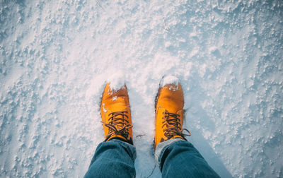 Low section of man standing on snow covered field