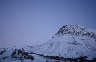 Scenic view of snow covered mountains against clear sky