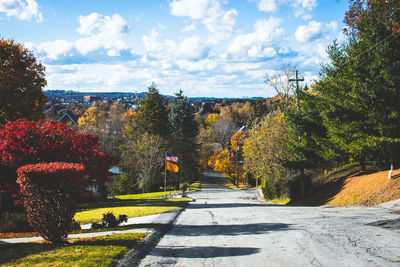 Road amidst trees against sky during autumn