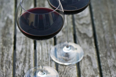Close-up of wineglasses on wooden table