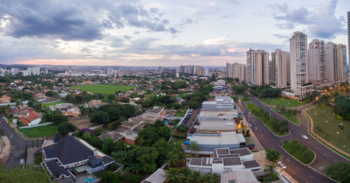 High angle view of street amidst buildings in city