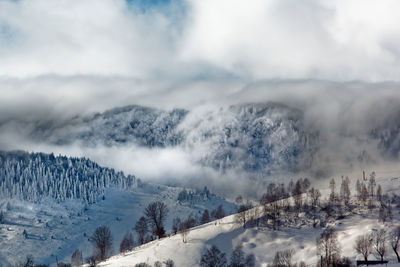 Scenic view of snow covered mountains against sky