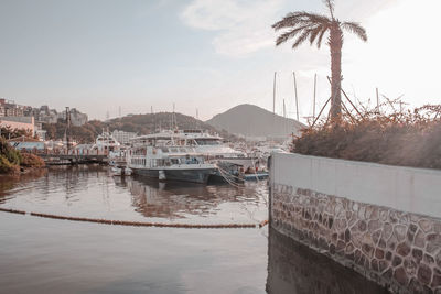 Sailboats moored in river with city in background