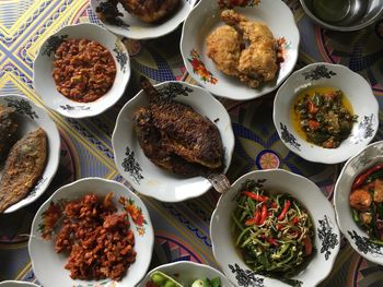 High angle view of food served on table