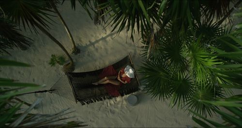 High angle view of woman holding umbrella