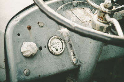 High angle view of steering wheel in vintage tractor
