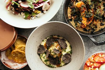 High angle view of food in plate on table fine dining experience